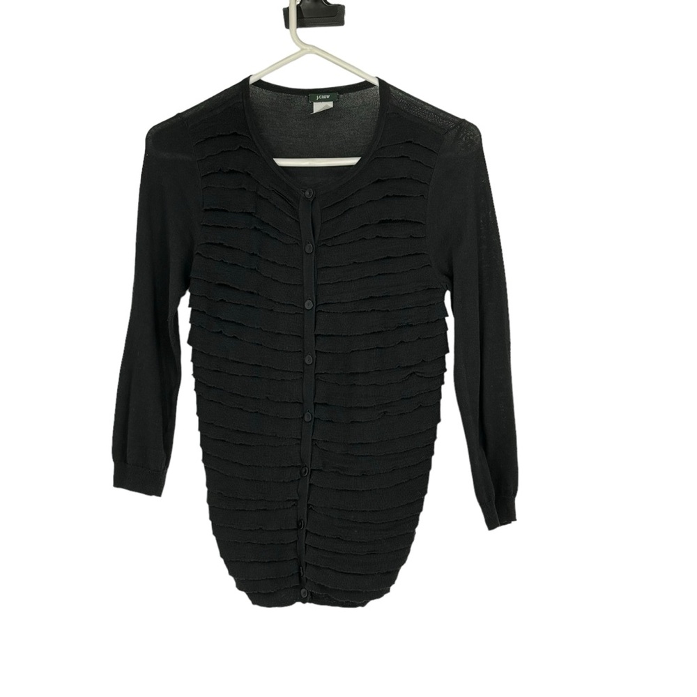 *Women’s J Crew Size Small Black Pima Cotton/Wool Button Front Ruffled Cardigan